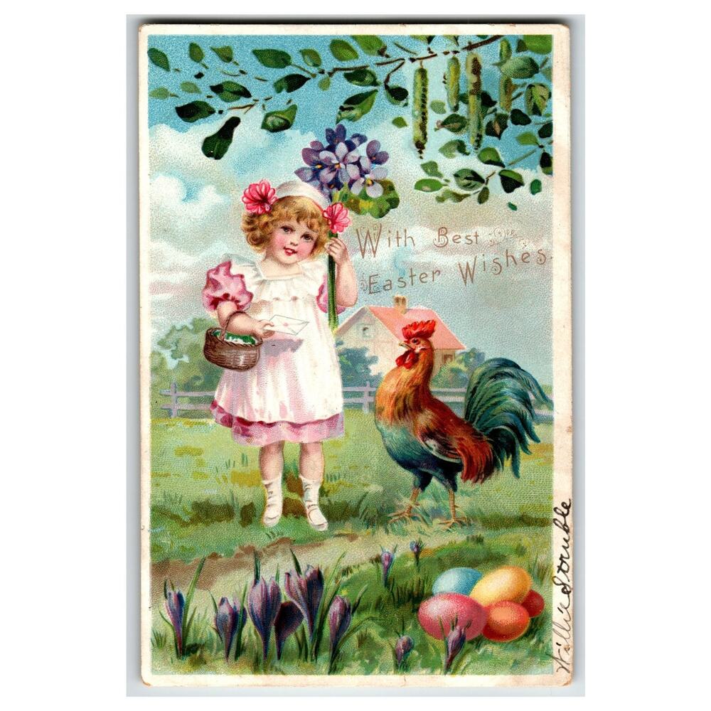 Raphael Tuck Easter Postcard Girl Rooster Eggs Crocuses Embossed German